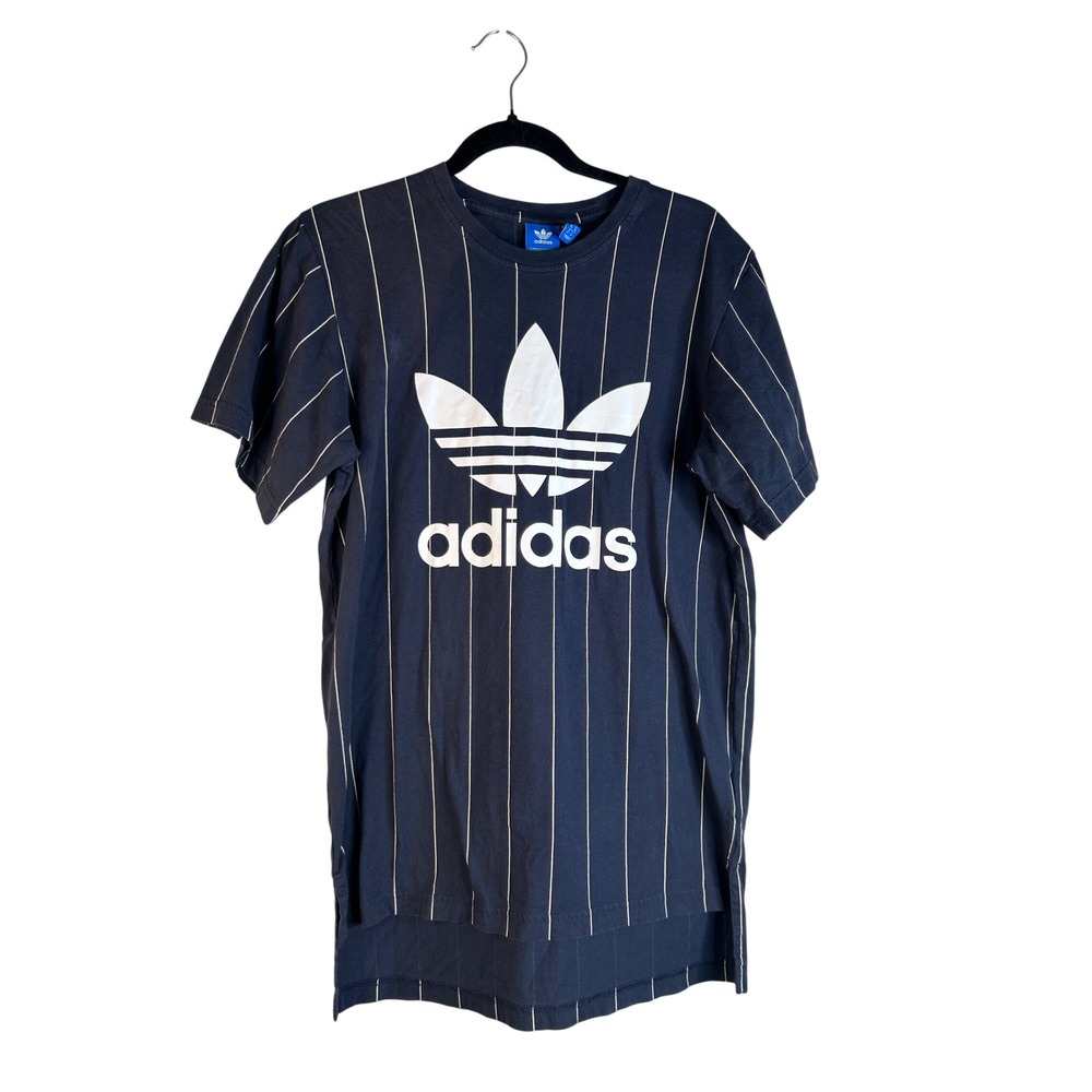 Adidas Men's Navy Pinstripe Trefoil Logo High Low T-Shirt Size Medium